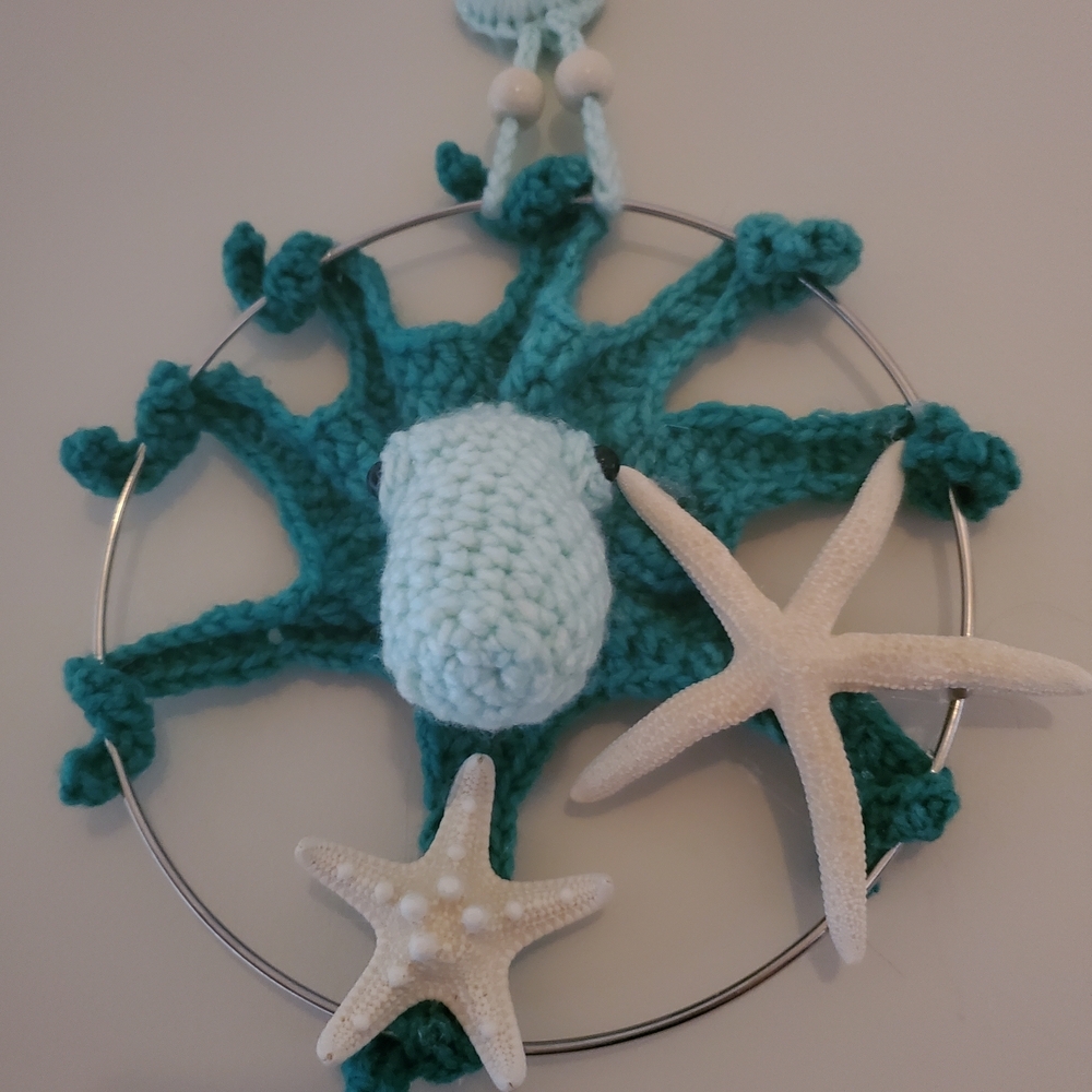 Handmade Crochet Sea Star Wall Hanging in Teal and Light Blue - Picture 10 of 11